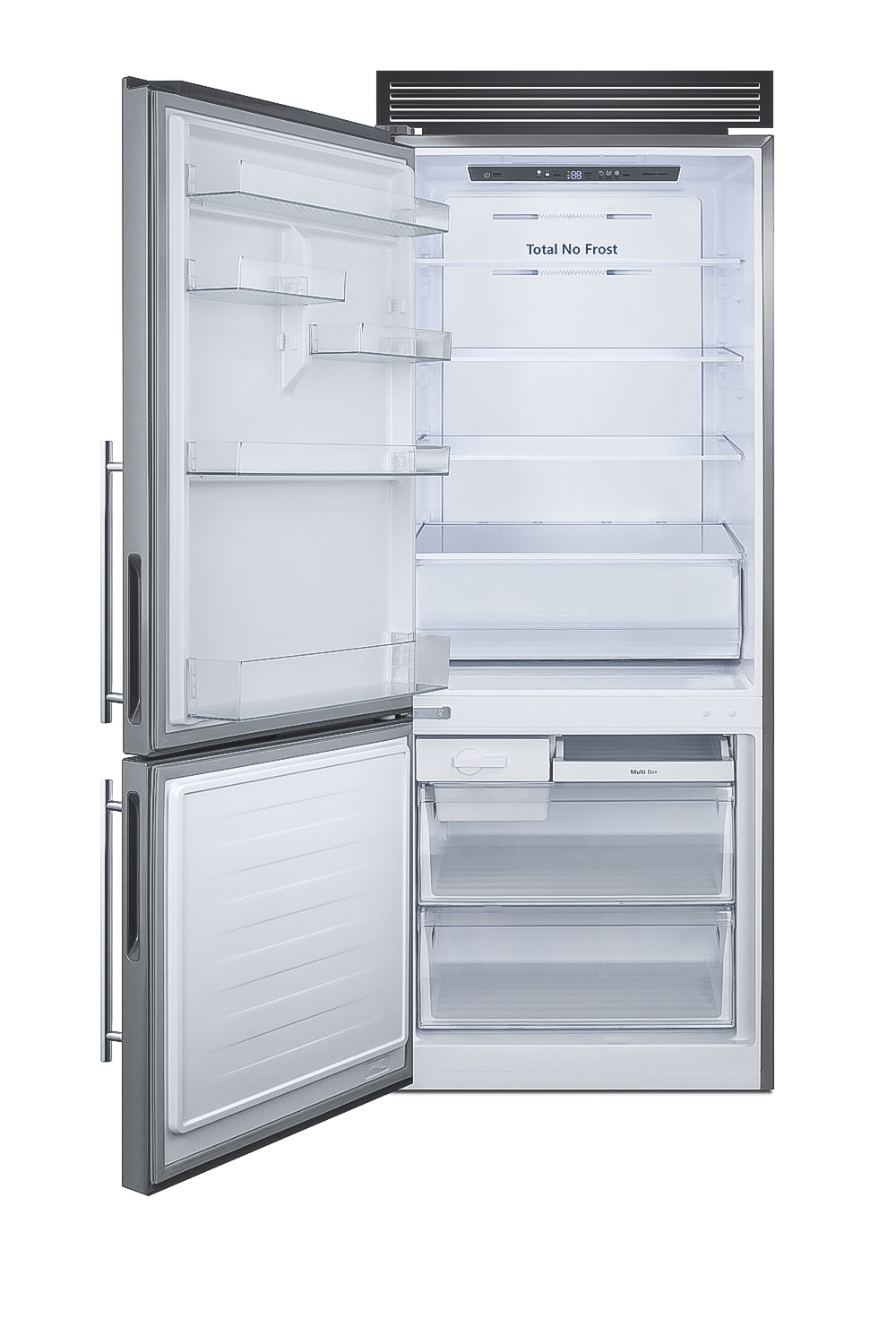 Frost-free ENERGY STAR certified bottom freezer refrigerator in stainless steel with digital controls and a counter depth fit